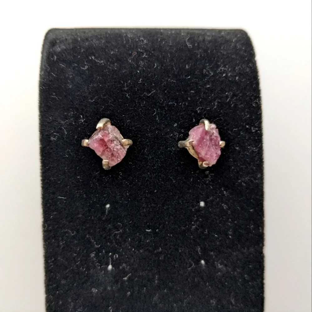 Raw Pink Tourmaline 925 Silver Stud Earrings NIB